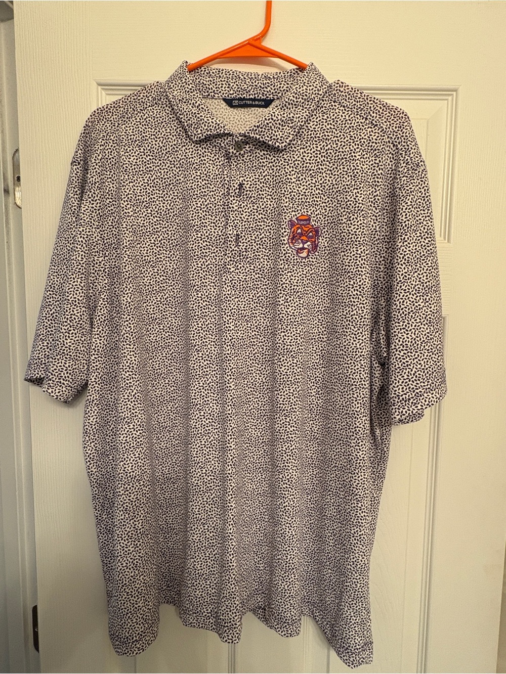 Cutter & Buck Men's White/Purple Botanical patterned polo with Clemson Mascot
